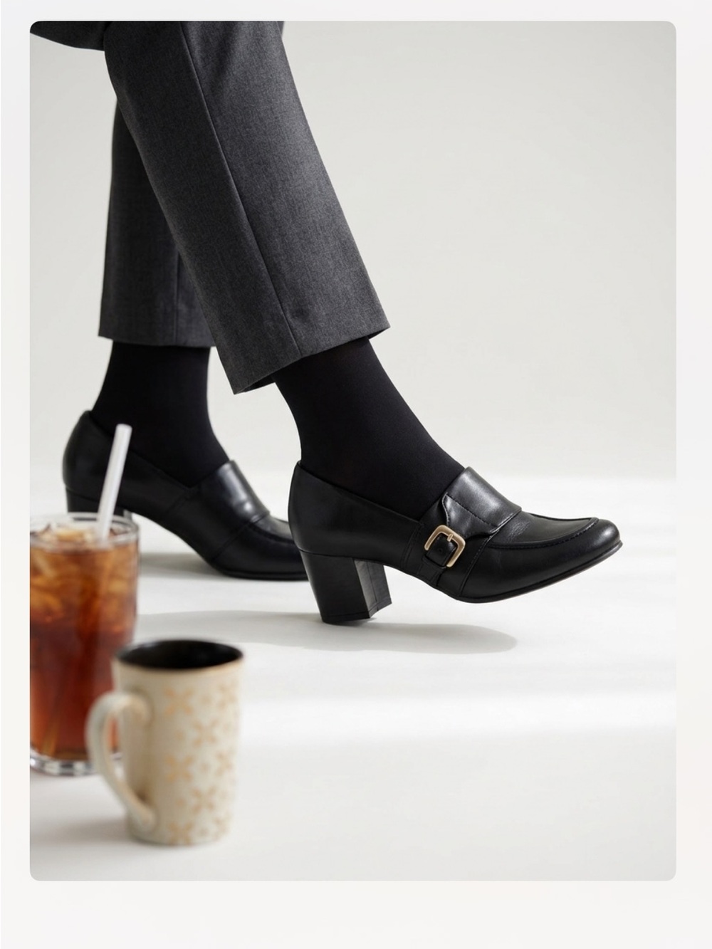 Franco Sarto Black Leather Slip-On Loafers with Gold Logo, Silver Buckle